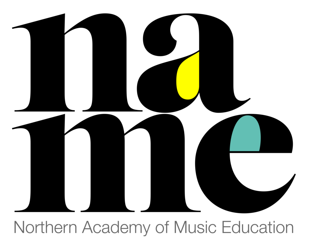 Northern Academy of Music Education logo large lower case letter name stacked on top of large lower case letter me with the small text beneath reading aNorthern Academy of Music Education